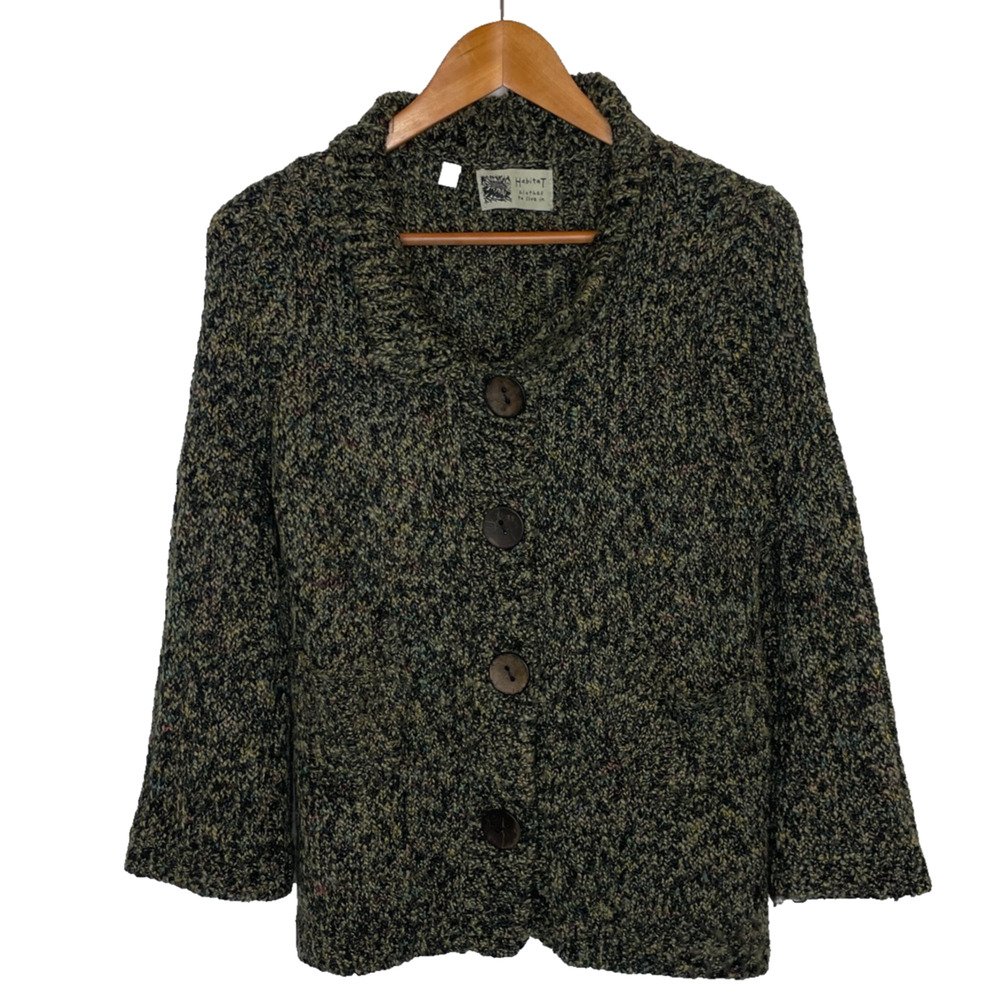 Women's Large Habitat Green Knit Cotton Blend Chunky Lagenlook Cardigan Sweater